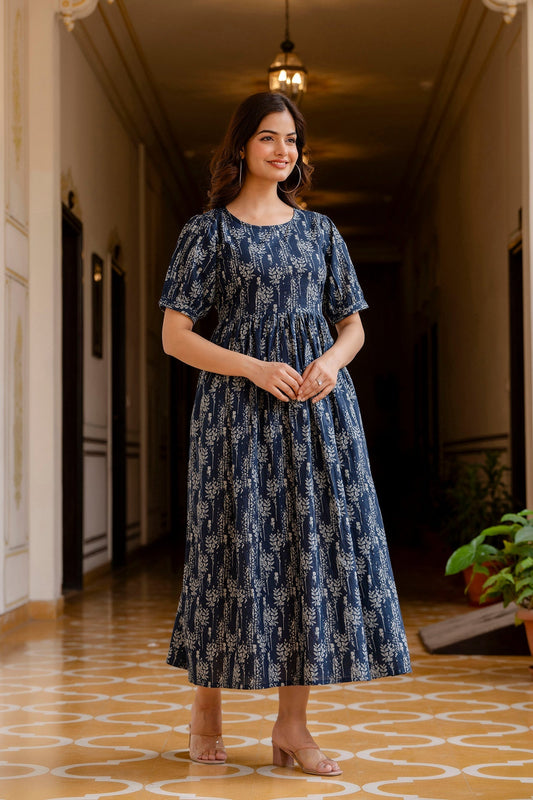Women Navy Blue Printed Flared Dress | LASVINI - Redefining Indian Fashion with Elegance