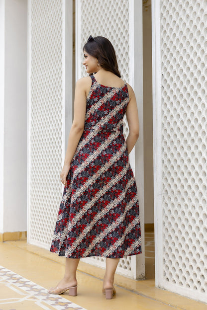 Women Black Abstract Printed Sleeveless Dress | LASVINI - Redefining Indian Fashion with Elegance