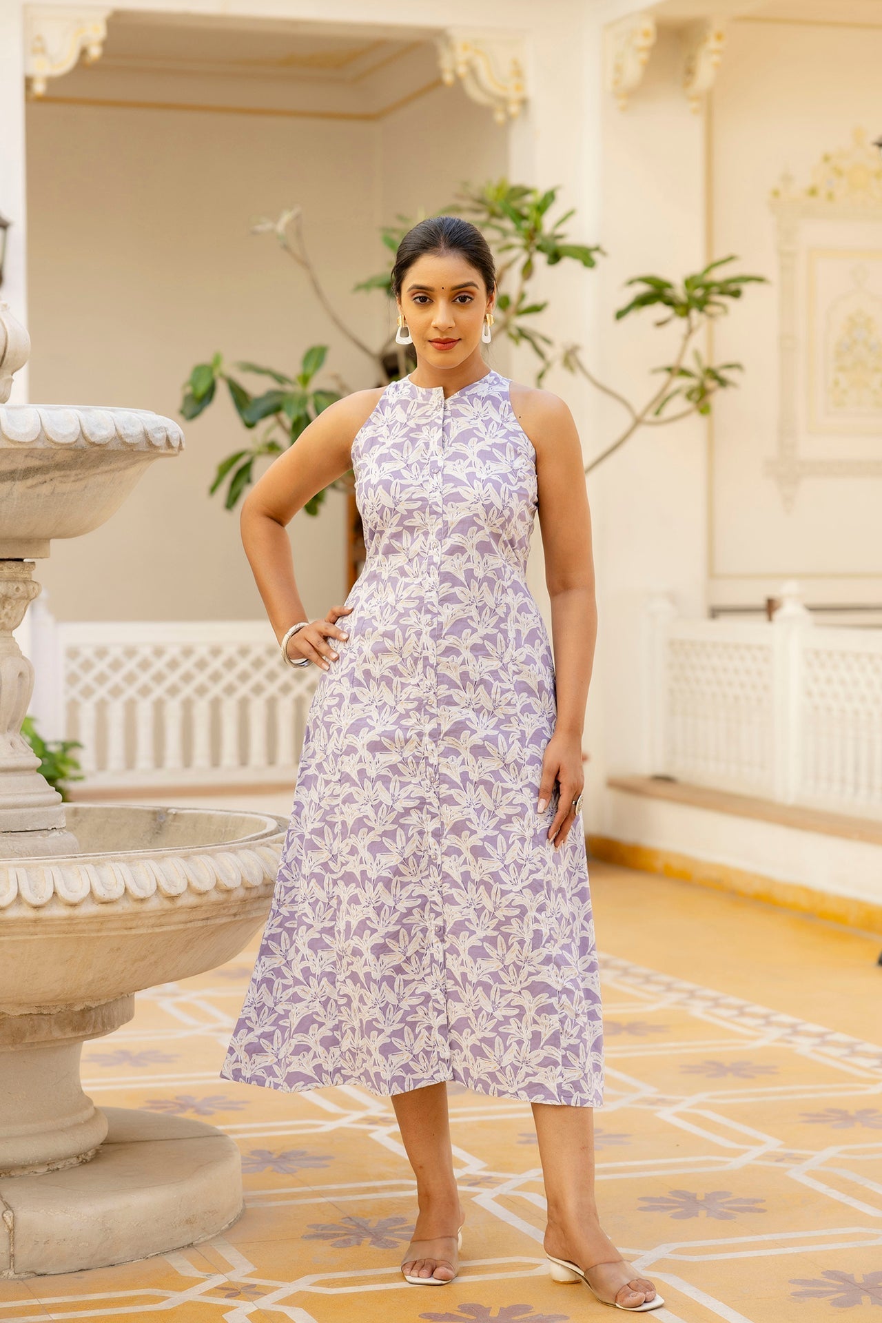 Women Purple Floral Printed Sleeveless Dress | LASVINI - Redefining Indian Fashion with Elegance