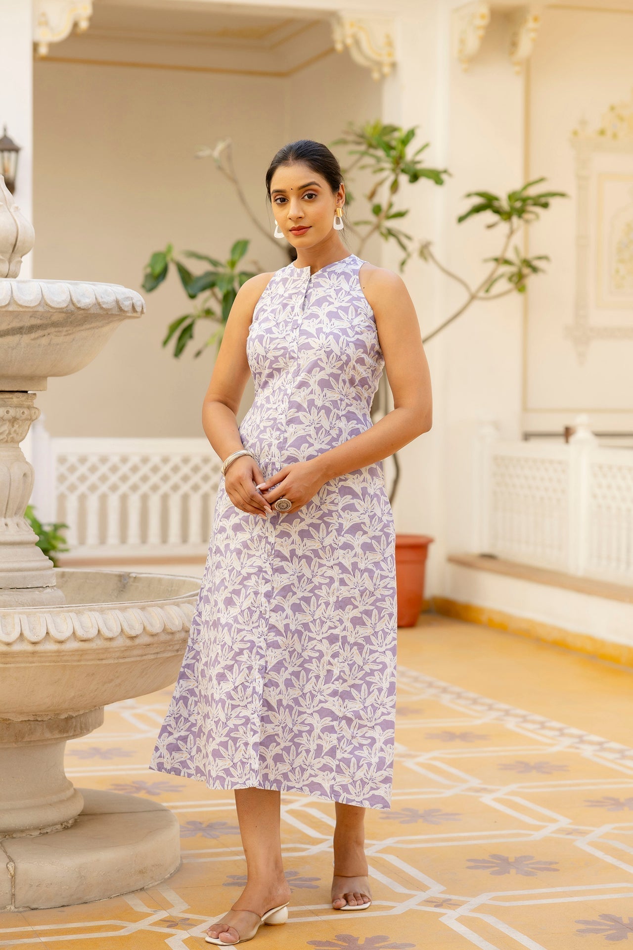 Women Purple Floral Printed Sleeveless Dress | LASVINI - Redefining Indian Fashion with Elegance