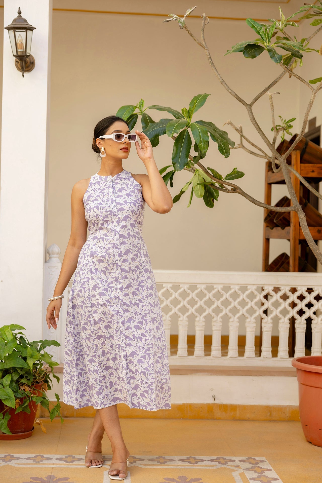 Women Purple Floral Printed Sleeveless Dress | LASVINI - Redefining Indian Fashion with Elegance