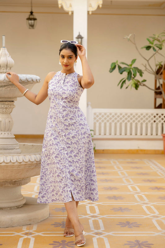 Women Purple Floral Printed Sleeveless Dress | LASVINI - Redefining Indian Fashion with Elegance