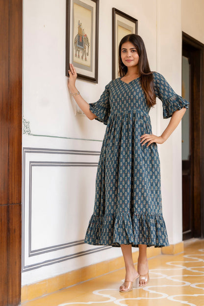 Women Teal Ethnic Printed Flared Dress | LASVINI - Redefining Indian Fashion with Elegance