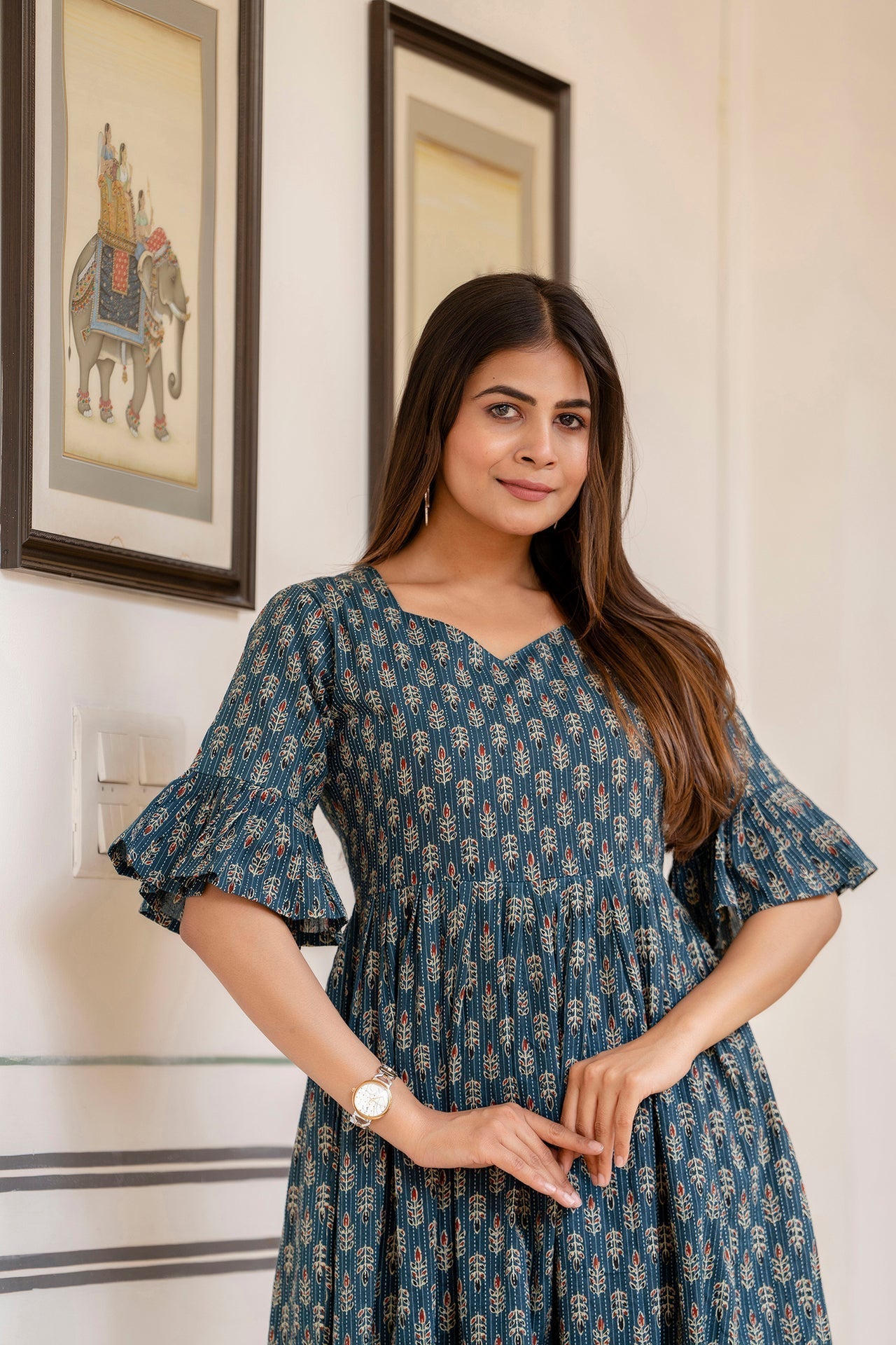 Women Teal Ethnic Printed Flared Dress | LASVINI - Redefining Indian Fashion with Elegance