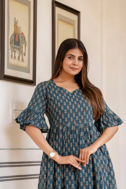 Women Teal Ethnic Printed Flared Dress | LASVINI - Redefining Indian Fashion with Elegance