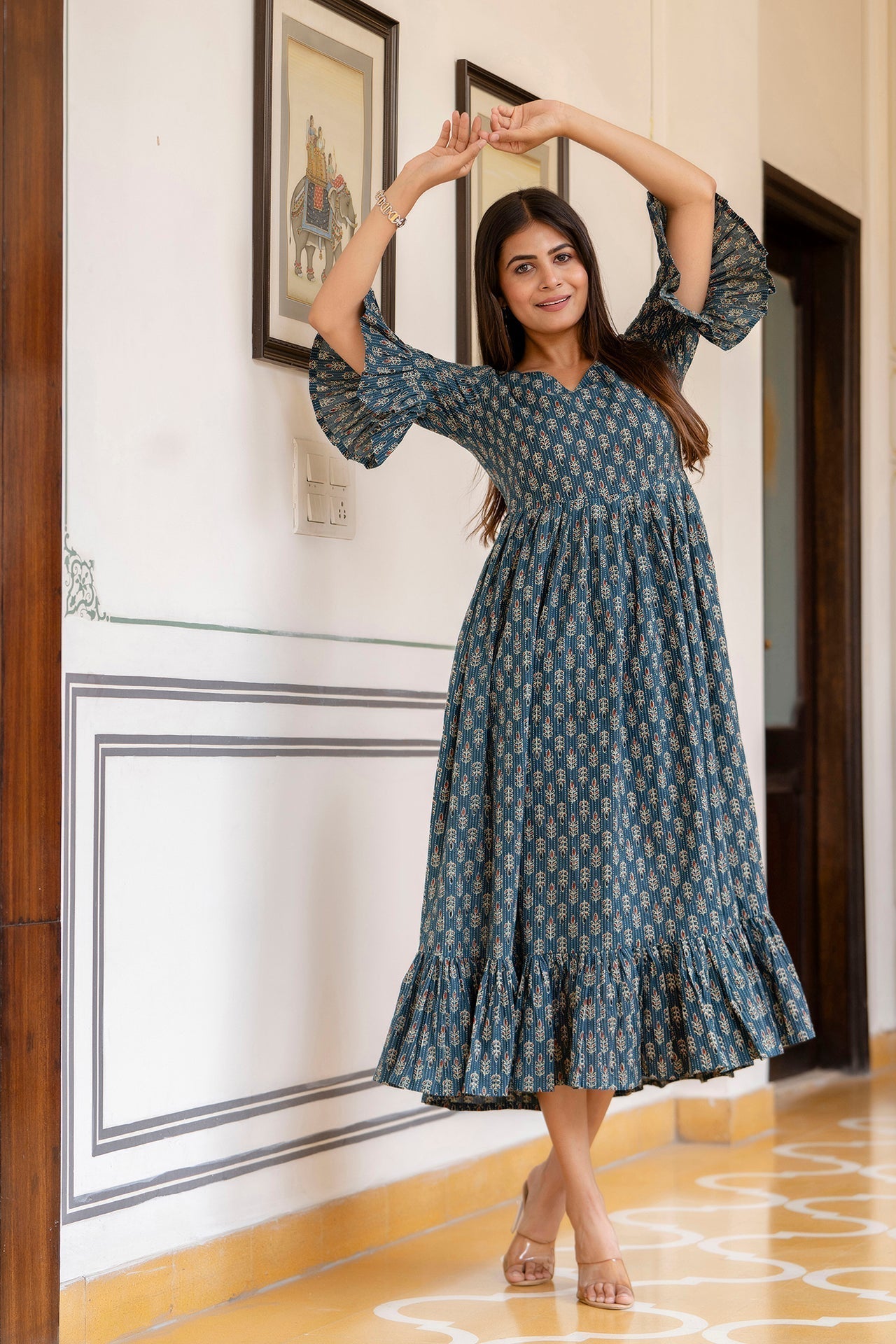 Women Teal Ethnic Printed Flared Dress | LASVINI - Redefining Indian Fashion with Elegance