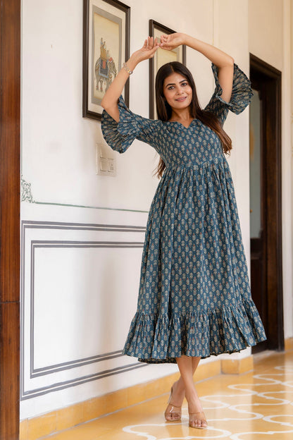 Women Teal Ethnic Printed Flared Dress | LASVINI - Redefining Indian Fashion with Elegance