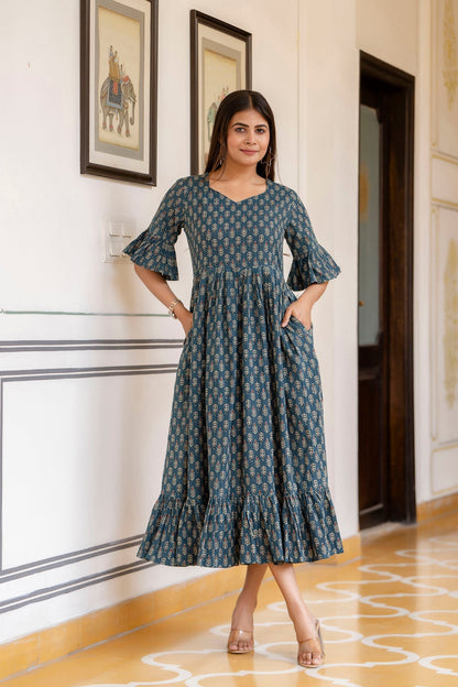 Women Teal Ethnic Printed Flared Dress | LASVINI - Redefining Indian Fashion with Elegance