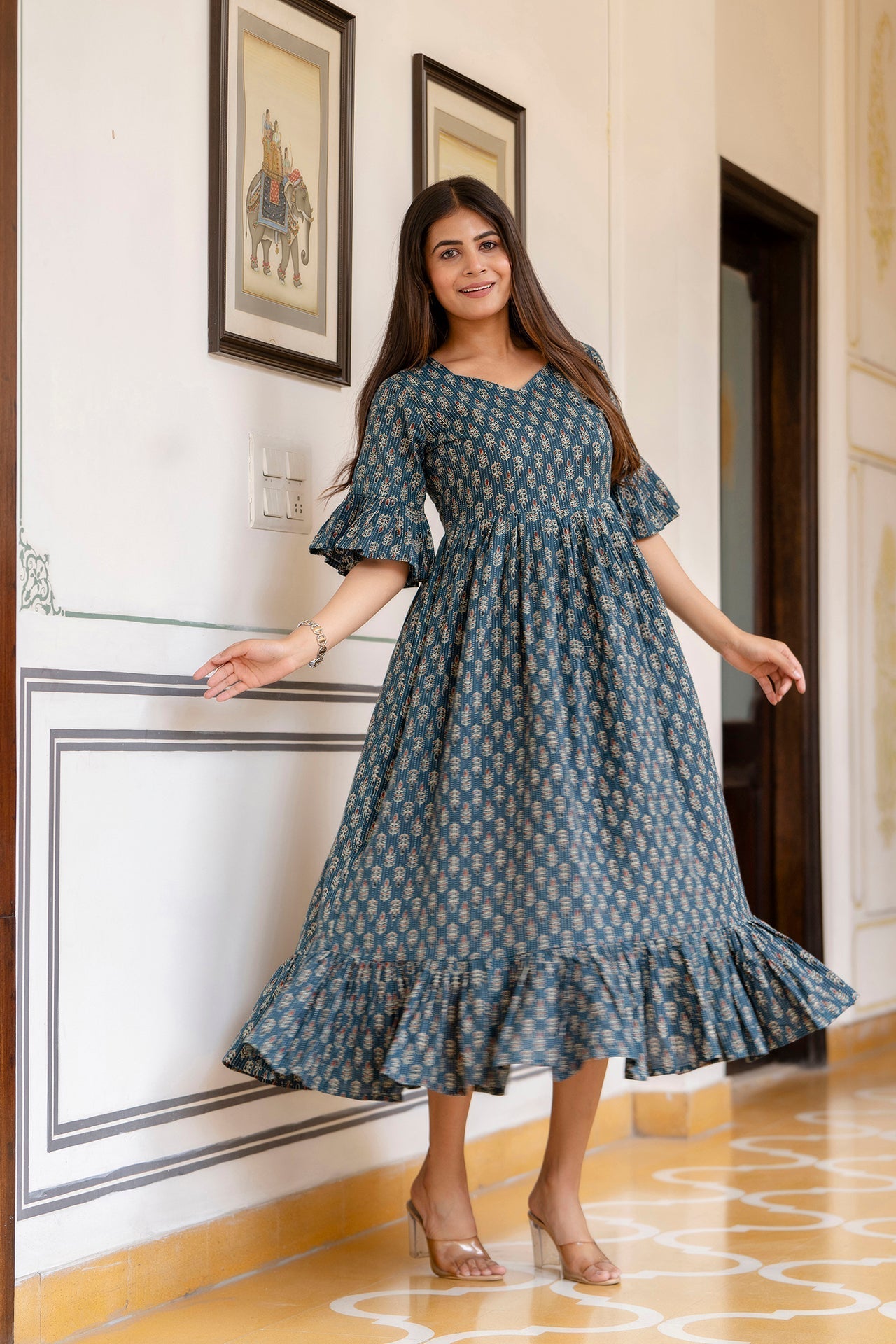 Women Teal Ethnic Printed Flared Dress | LASVINI - Redefining Indian Fashion with Elegance