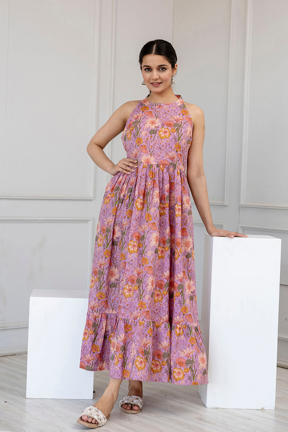 Women Lavender Printed Sleeveless Flared Dress | LASVINI - Redefining Indian Fashion with Elegance