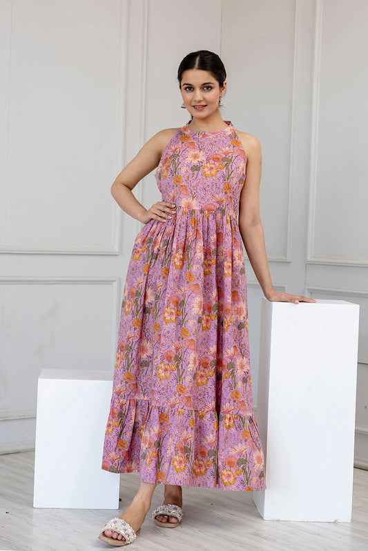 Women Lavender Printed Sleeveless Flared Dress | LASVINI - Redefining Indian Fashion with Elegance