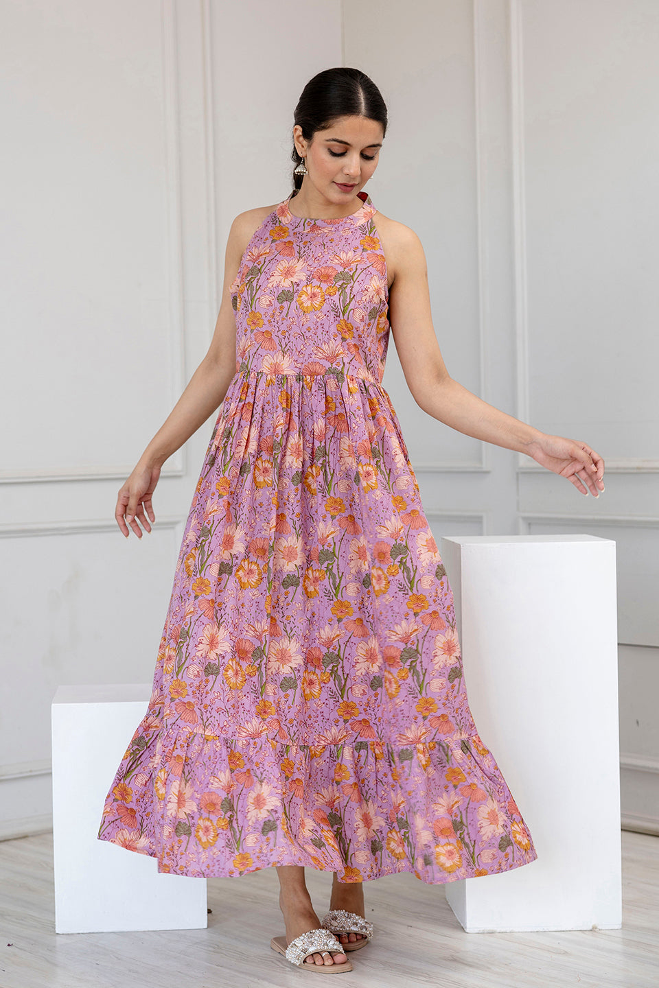 Women Lavender Printed Sleeveless Flared Dress | LASVINI - Redefining Indian Fashion with Elegance