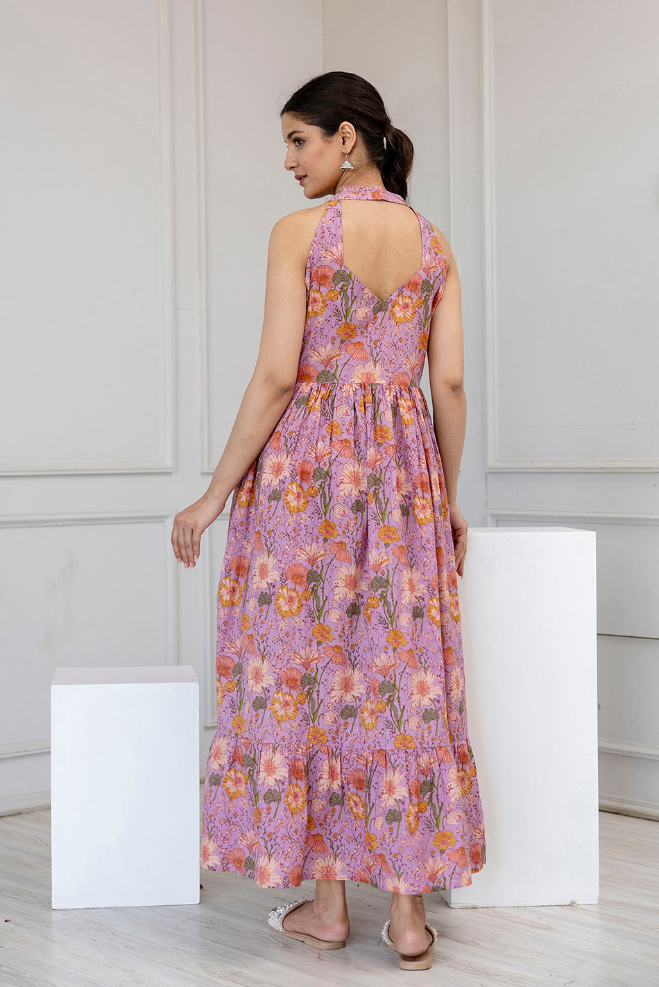 Women Lavender Printed Sleeveless Flared Dress | LASVINI - Redefining Indian Fashion with Elegance