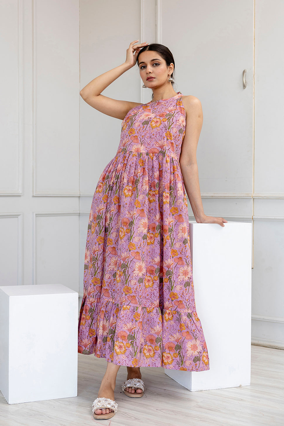 Women Lavender Printed Sleeveless Flared Dress | LASVINI - Redefining Indian Fashion with Elegance