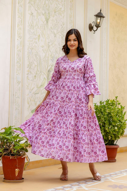 Women Pink Printed Flared Dress | LASVINI - Redefining Indian Fashion with Elegance