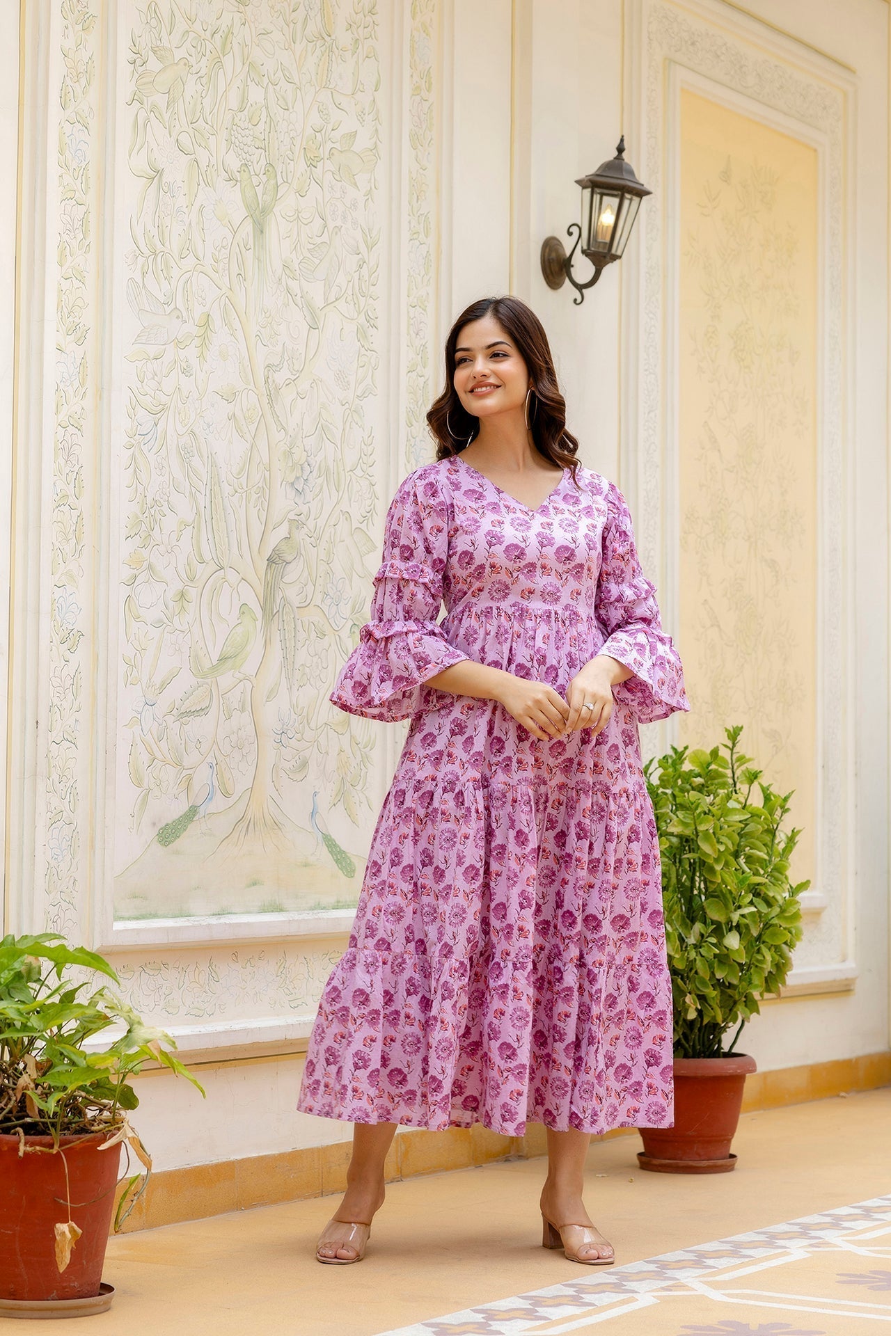Women Pink Printed Flared Dress | LASVINI - Redefining Indian Fashion with Elegance