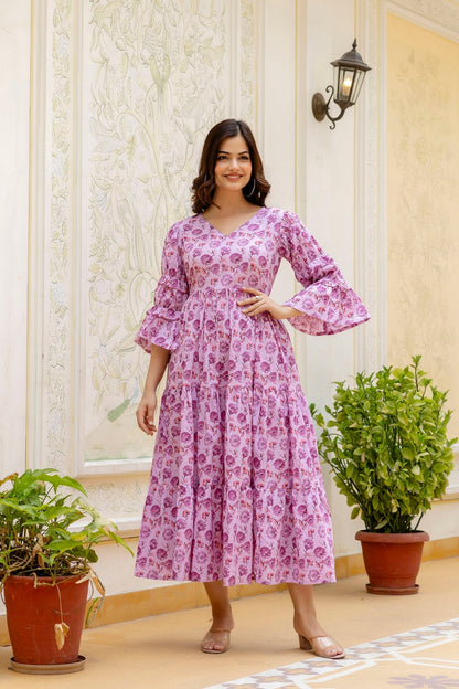 Women Pink Printed Flared Dress | LASVINI - Redefining Indian Fashion with Elegance