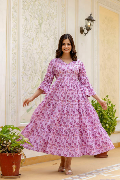 Women Pink Printed Flared Dress | LASVINI - Redefining Indian Fashion with Elegance