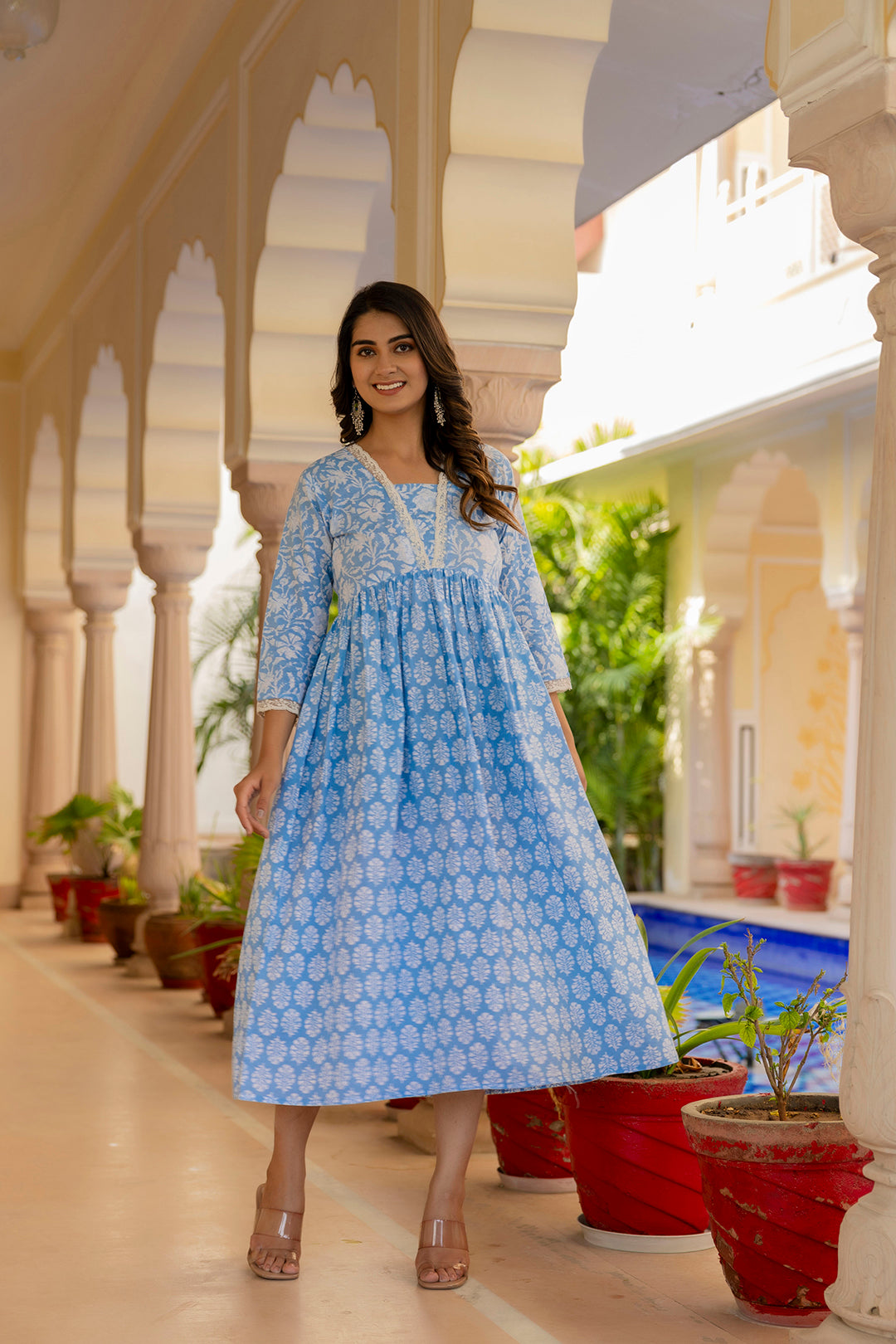 Women Blue Ethnic Printed Flared Dress | LASVINI - Redefining Indian Fashion with Elegance
