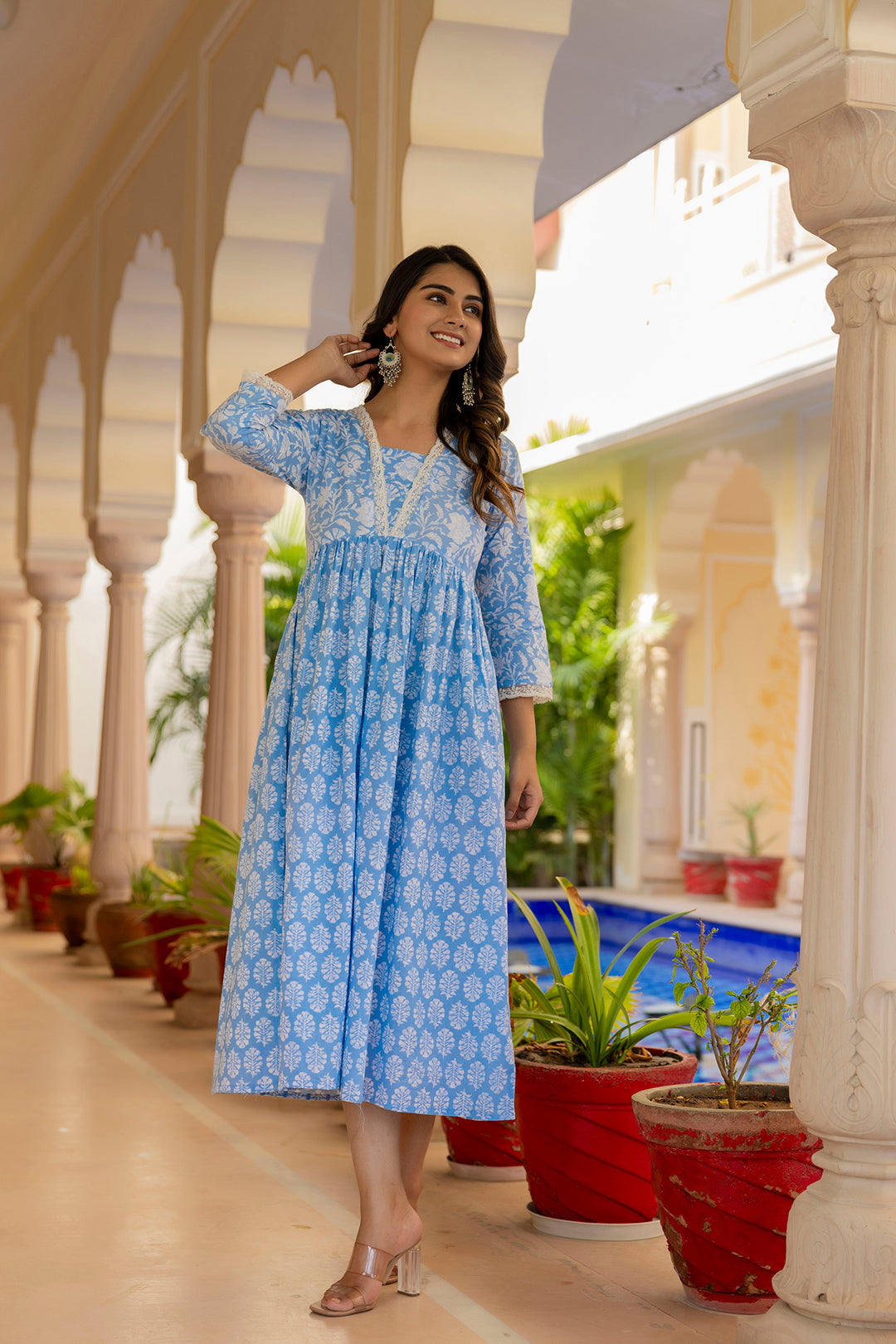 Women Blue Ethnic Printed Flared Dress | LASVINI - Redefining Indian Fashion with Elegance