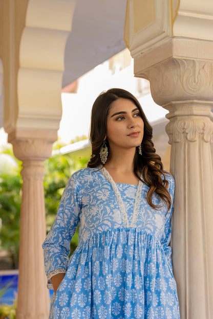 Women Blue Ethnic Printed Flared Dress | LASVINI - Redefining Indian Fashion with Elegance