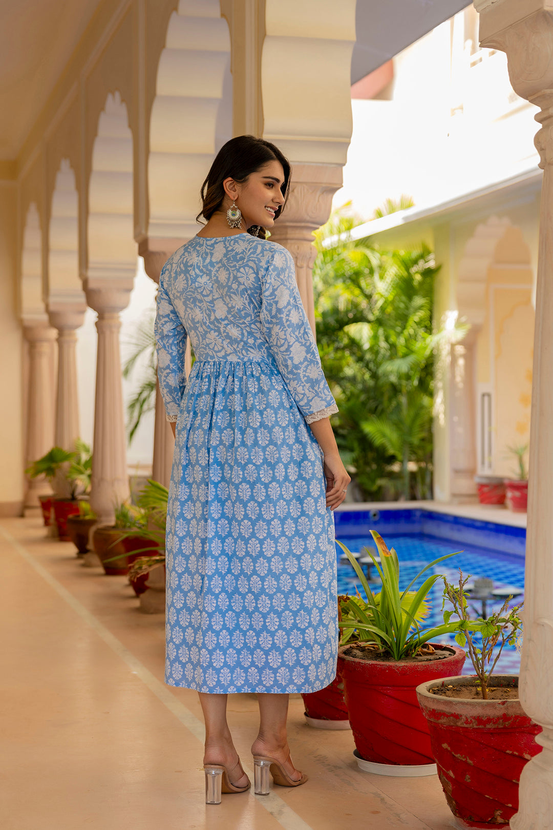 Women Blue Ethnic Printed Flared Dress | LASVINI - Redefining Indian Fashion with Elegance