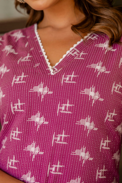 Women Purple Ethnic Printed Straight Kurta With Three Quarter Sleeves | LASVINI - Redefining Indian Fashion with Elegance