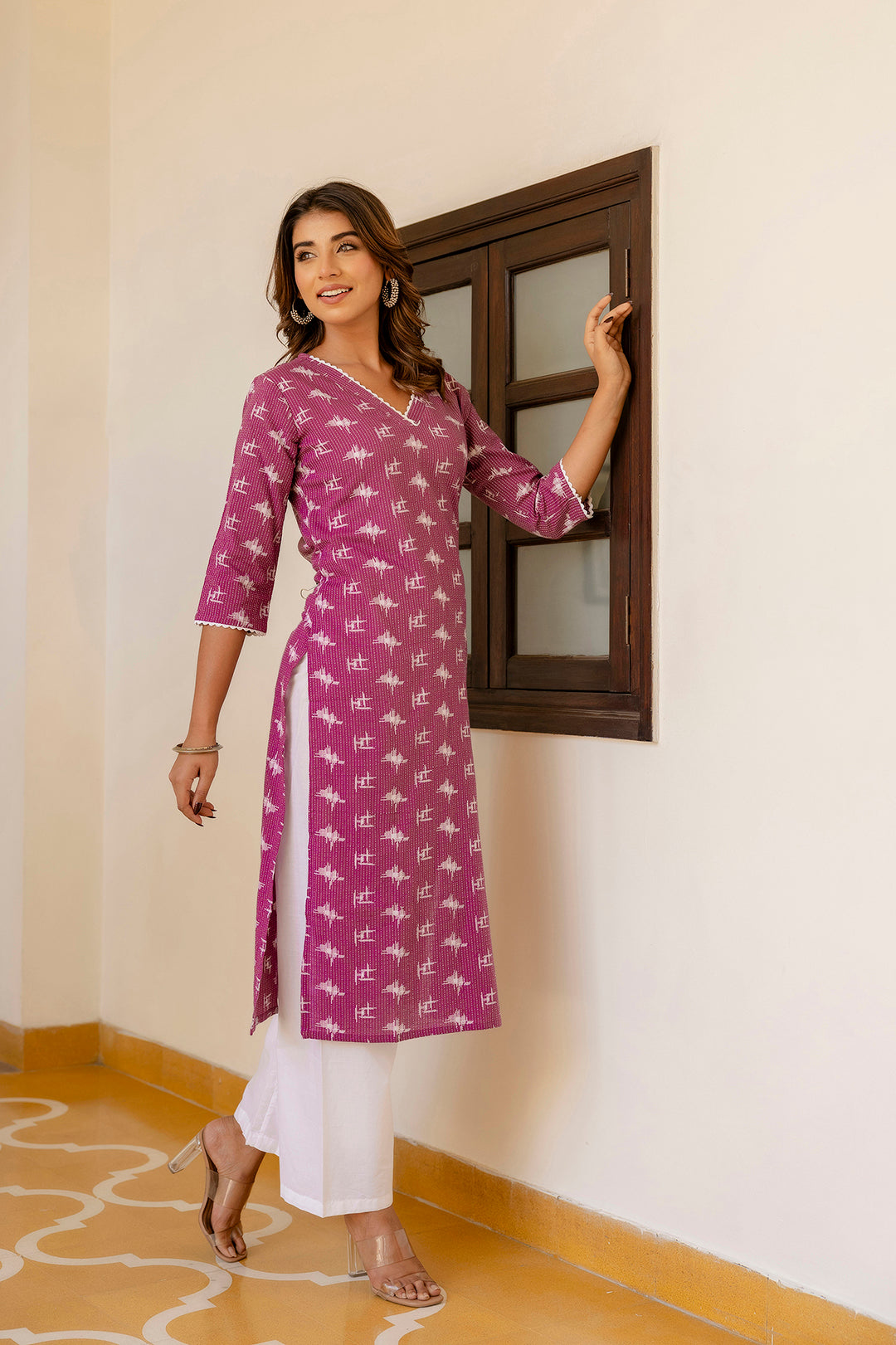 Women Purple Ethnic Printed Straight Kurta With Three Quarter Sleeves | LASVINI - Redefining Indian Fashion with Elegance