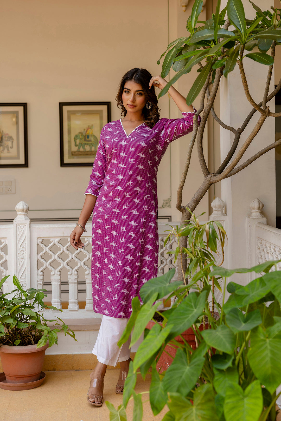 Women Purple Ethnic Printed Straight Kurta With Three Quarter Sleeves | LASVINI - Redefining Indian Fashion with Elegance