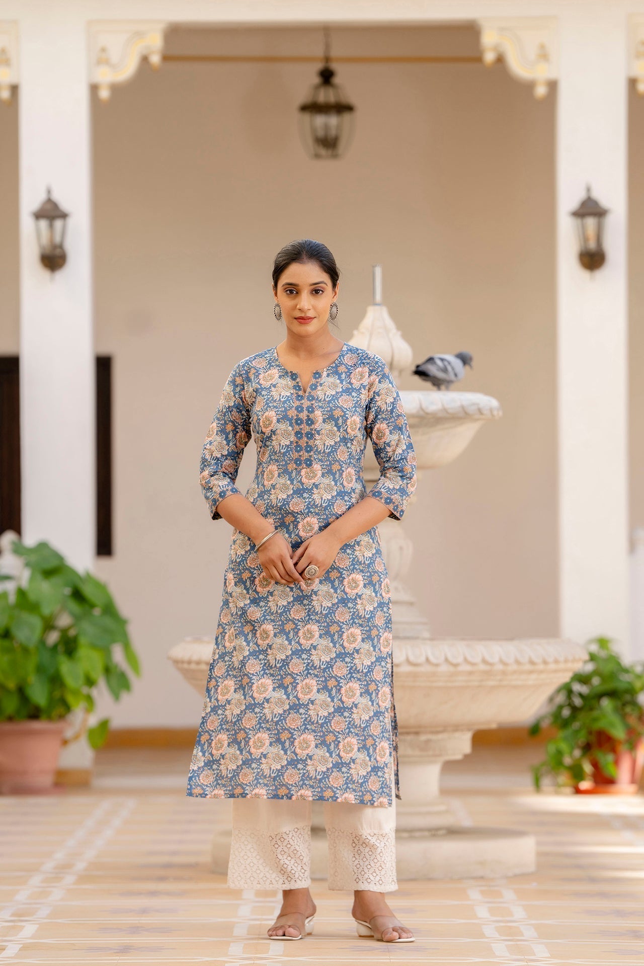 Women Blue Printed Straight Kurta With Three Quarter Sleeves | LASVINI - Redefining Indian Fashion with Elegance