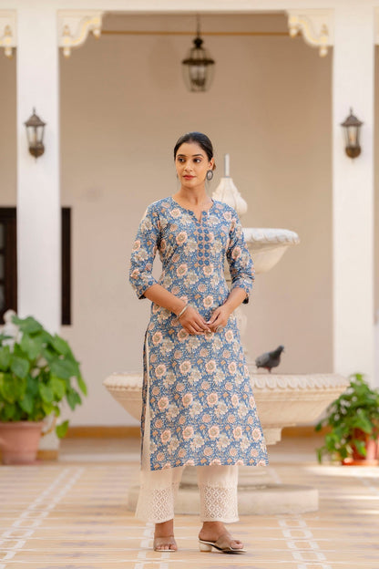 Women Blue Printed Straight Kurta With Three Quarter Sleeves | LASVINI - Redefining Indian Fashion with Elegance