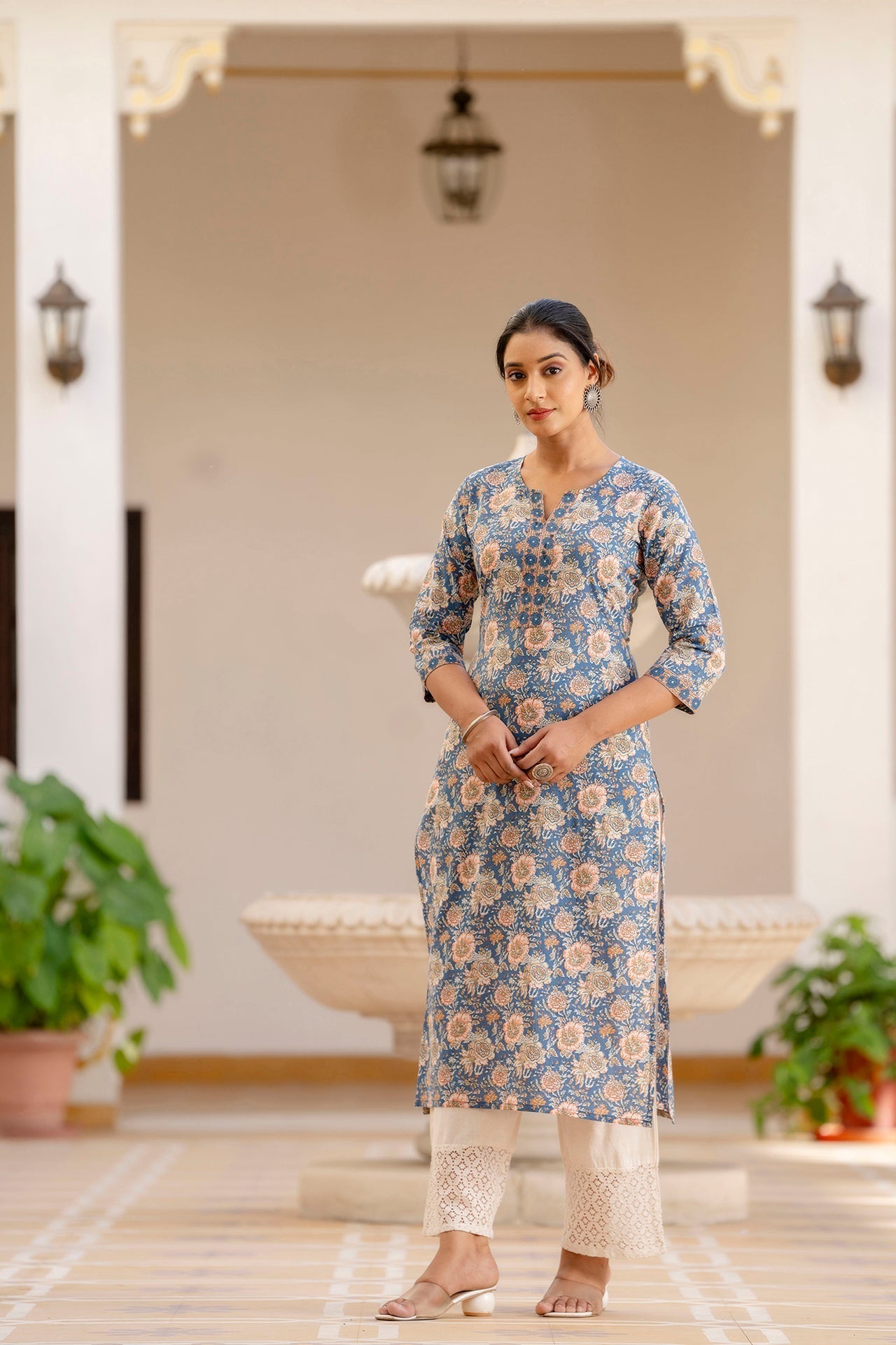 Women Blue Printed Straight Kurta With Three Quarter Sleeves | LASVINI - Redefining Indian Fashion with Elegance
