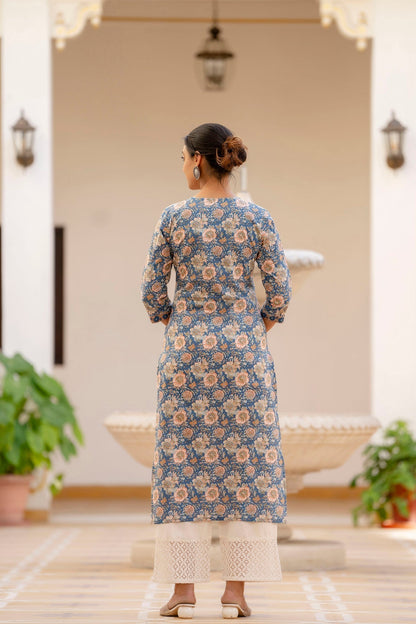 Women Blue Printed Straight Kurta With Three Quarter Sleeves | LASVINI - Redefining Indian Fashion with Elegance