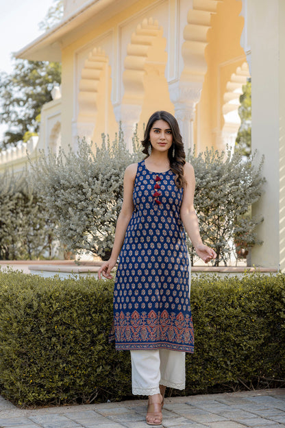 Women Navy Blue Printed Straight Sleeveless Kurta | LASVINI - Redefining Indian Fashion with Elegance
