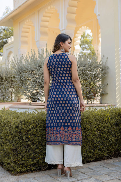Women Navy Blue Printed Straight Sleeveless Kurta | LASVINI - Redefining Indian Fashion with Elegance