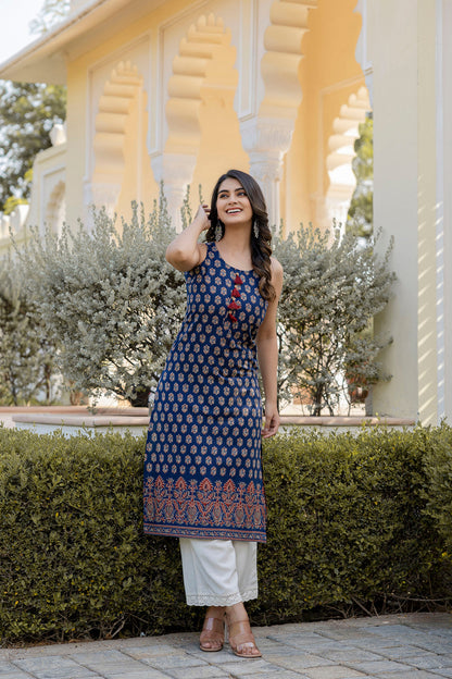 Women Navy Blue Printed Straight Sleeveless Kurta | LASVINI - Redefining Indian Fashion with Elegance