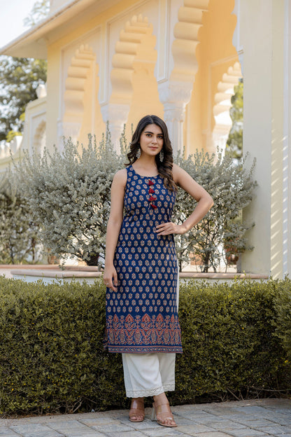 Women Navy Blue Printed Straight Sleeveless Kurta | LASVINI - Redefining Indian Fashion with Elegance