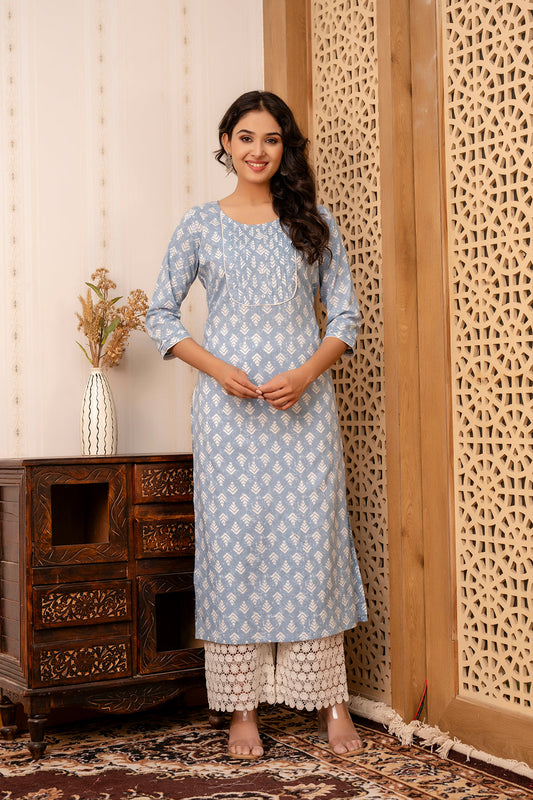 Women Blue Printed Straight Kurta With Three Quarter Sleeves | LASVINI - Redefining Indian Fashion with Elegance