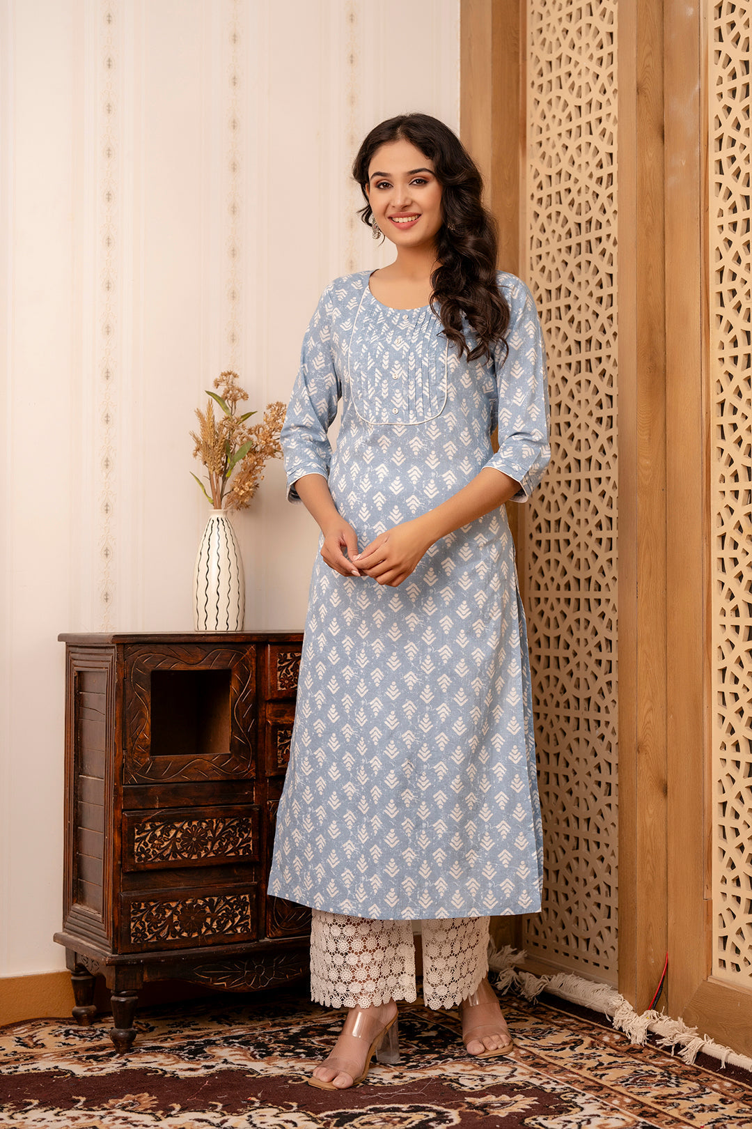 Women Blue Printed Straight Kurta With Three Quarter Sleeves | LASVINI - Redefining Indian Fashion with Elegance