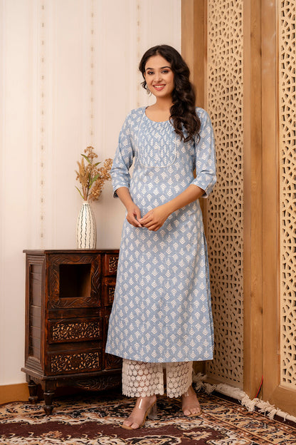 Women Blue Printed Straight Kurta With Three Quarter Sleeves | LASVINI - Redefining Indian Fashion with Elegance