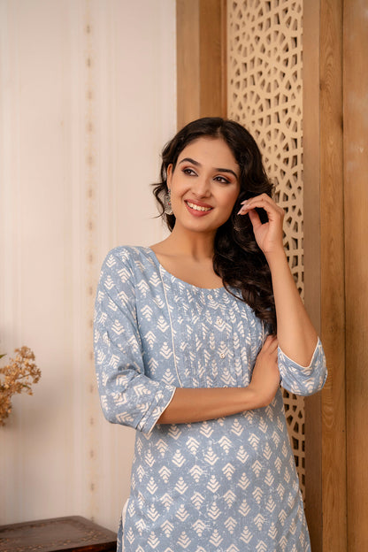 Women Blue Printed Straight Kurta With Three Quarter Sleeves | LASVINI - Redefining Indian Fashion with Elegance