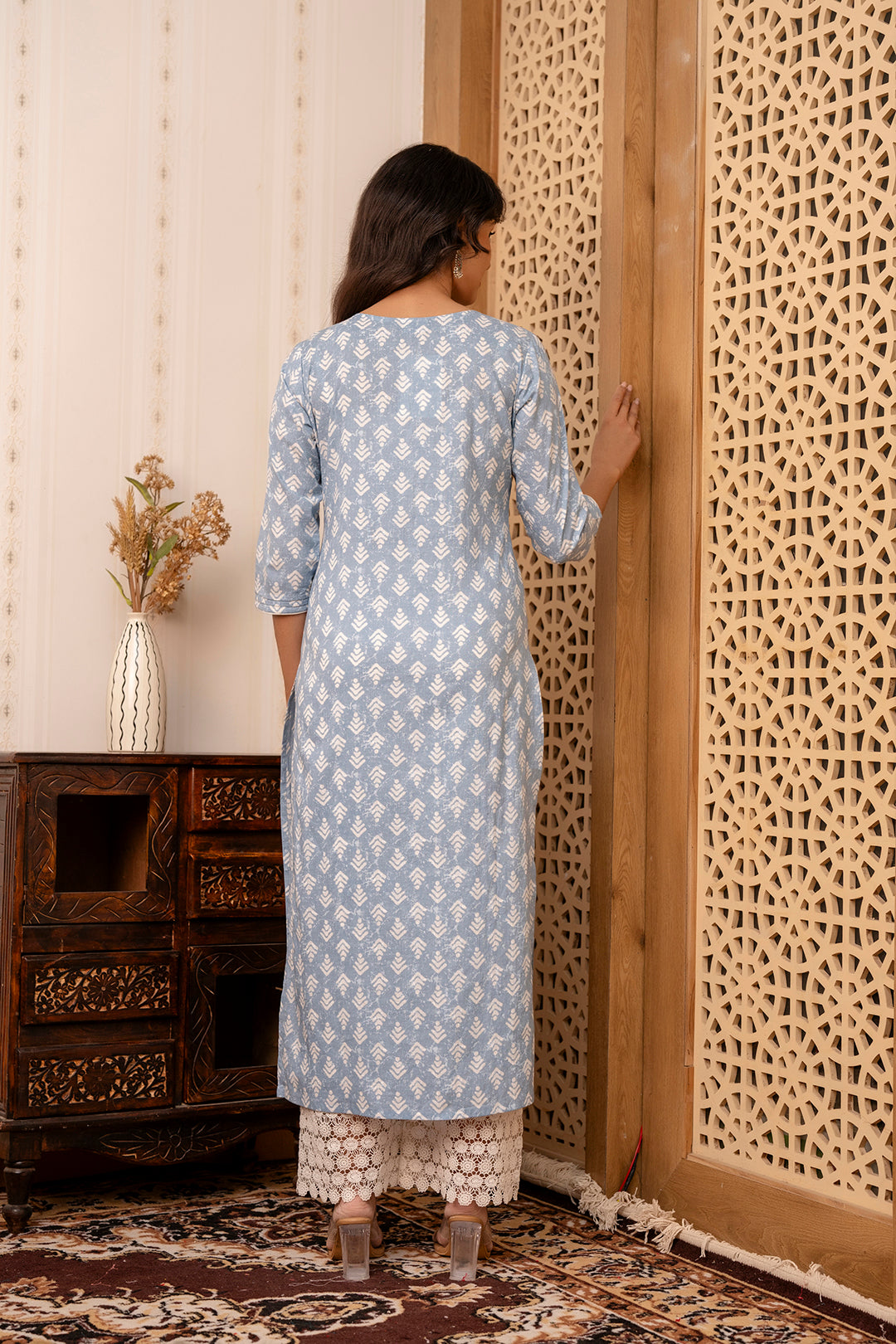 Women Blue Printed Straight Kurta With Three Quarter Sleeves | LASVINI - Redefining Indian Fashion with Elegance
