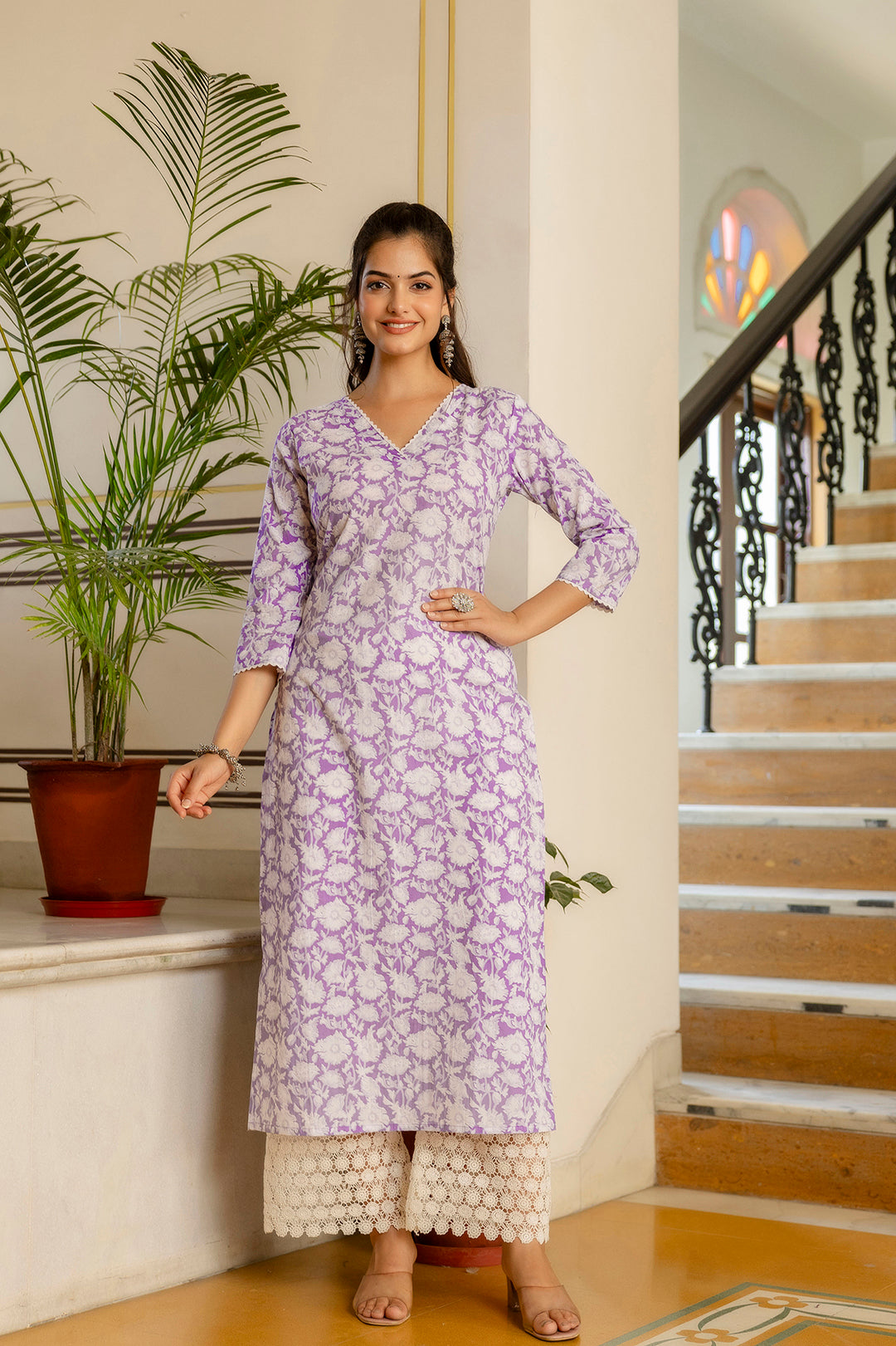 Women Purple Ethnic Printed Straight Kurta With Three Quarter Sleeves | LASVINI - Redefining Indian Fashion with Elegance