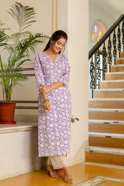Women Purple Ethnic Printed Straight Kurta With Three Quarter Sleeves | LASVINI - Redefining Indian Fashion with Elegance
