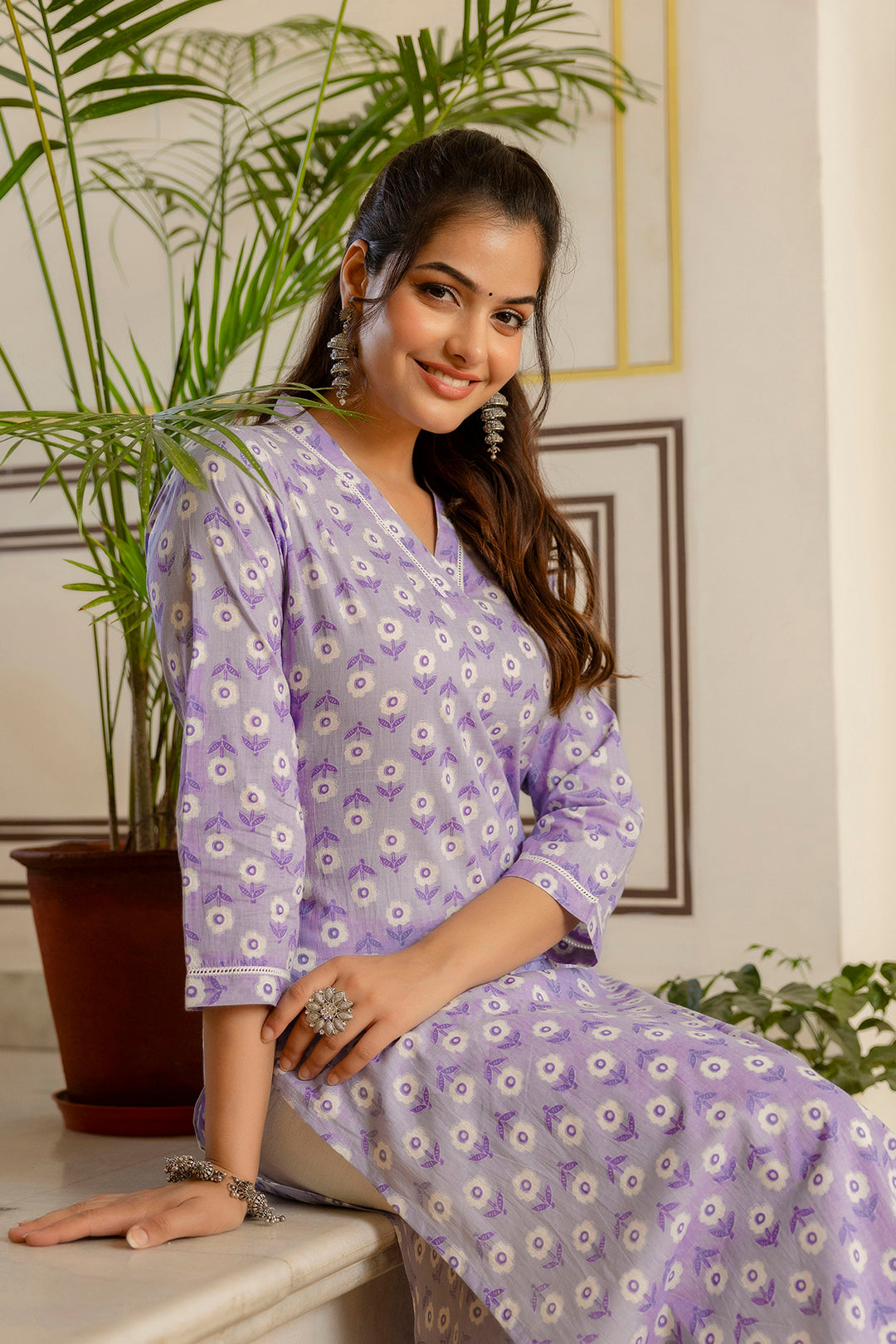 Women Purple Ethnic Printed Straight Kurta With Three Quarter Sleeves | LASVINI - Redefining Indian Fashion with Elegance