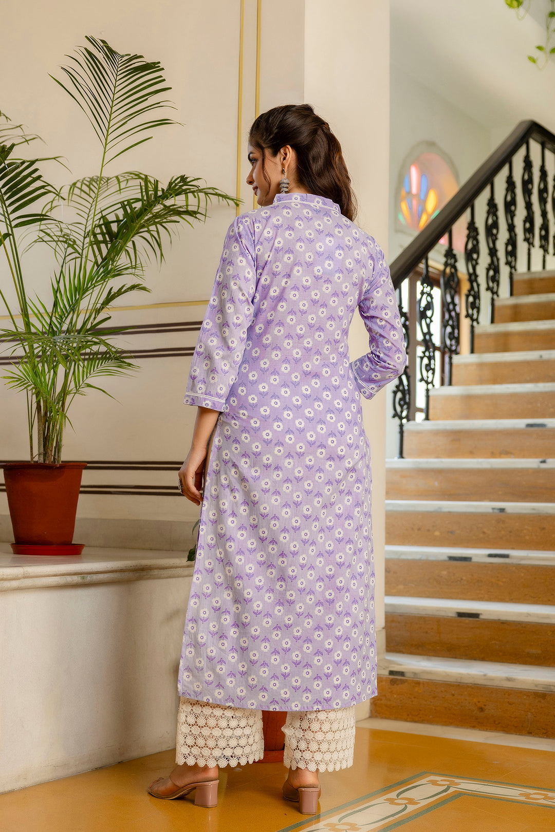Women Purple Ethnic Printed Straight Kurta With Three Quarter Sleeves | LASVINI - Redefining Indian Fashion with Elegance