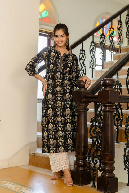 Women Black Printed Straight Kurta With Three Quarter Sleeves | LASVINI - Redefining Indian Fashion with Elegance
