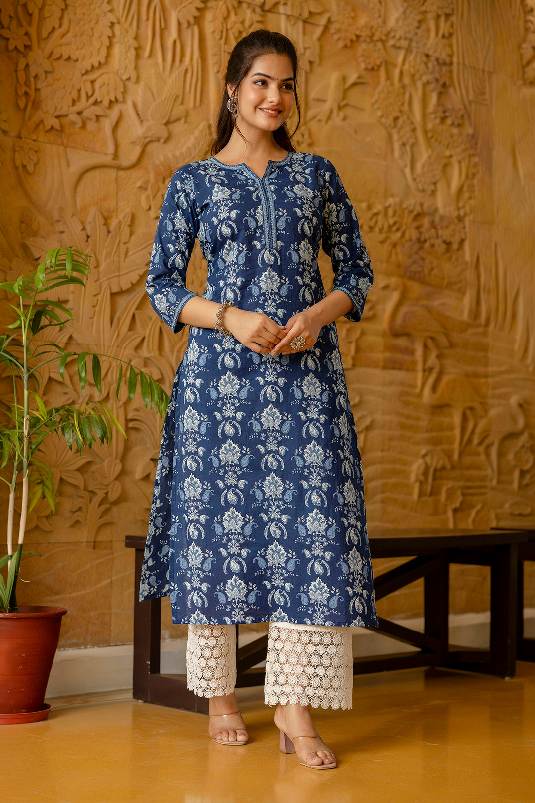 Women Blue Printed Straight Kurta With Three Quarter Sleeves | LASVINI - Redefining Indian Fashion with Elegance