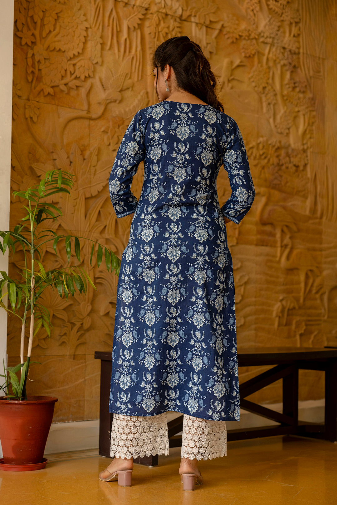 Women Blue Printed Straight Kurta With Three Quarter Sleeves | LASVINI - Redefining Indian Fashion with Elegance