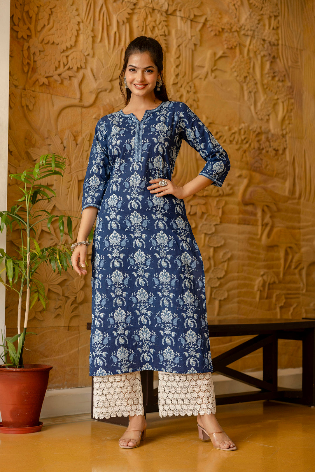 Women Blue Printed Straight Kurta With Three Quarter Sleeves | LASVINI - Redefining Indian Fashion with Elegance